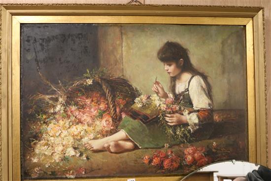 Shelton (20th century), oil on board, study of a young girl, seated with flowers, signed 62 x 91cm